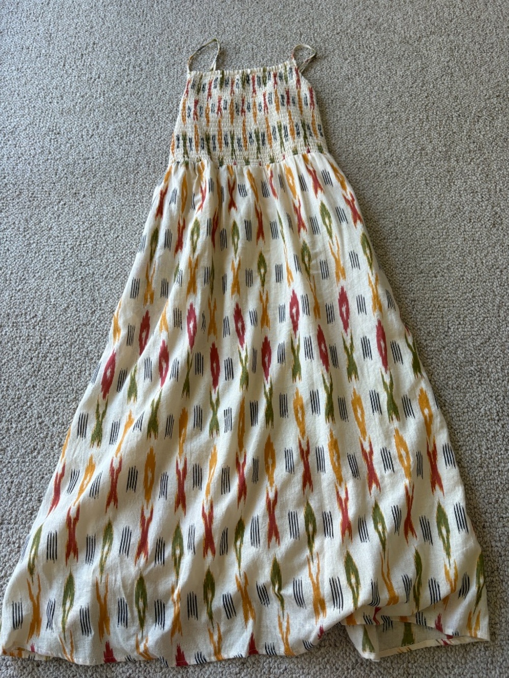 Boho Ikat Smocked Cotton Maxi Dress Medium Cottagecore Festival Coquette Chic - Picture 2 of 11